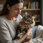 Femme examinant son chat tabby dans un salon cosy