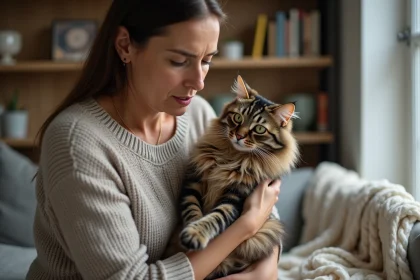 Femme examinant son chat tabby dans un salon cosy