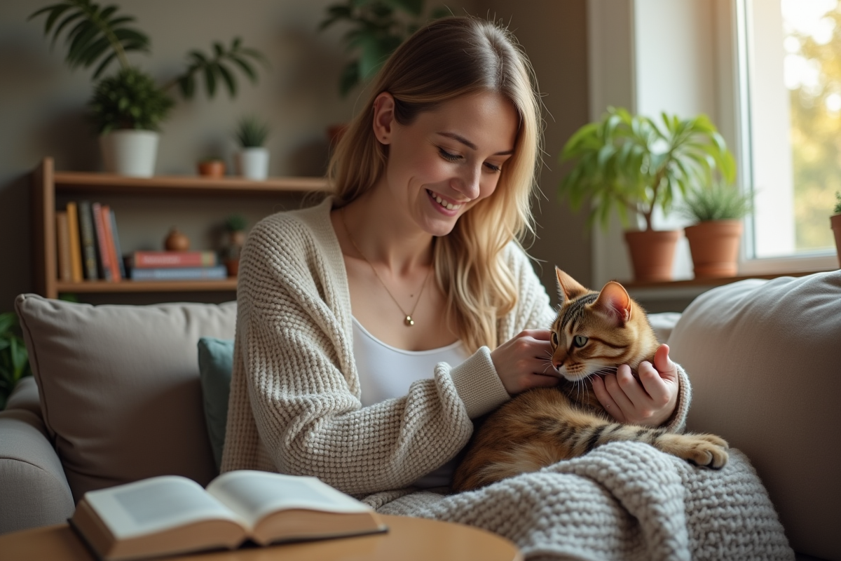 Femme assise avec un chat tabby sur les genoux dans un salon cosy