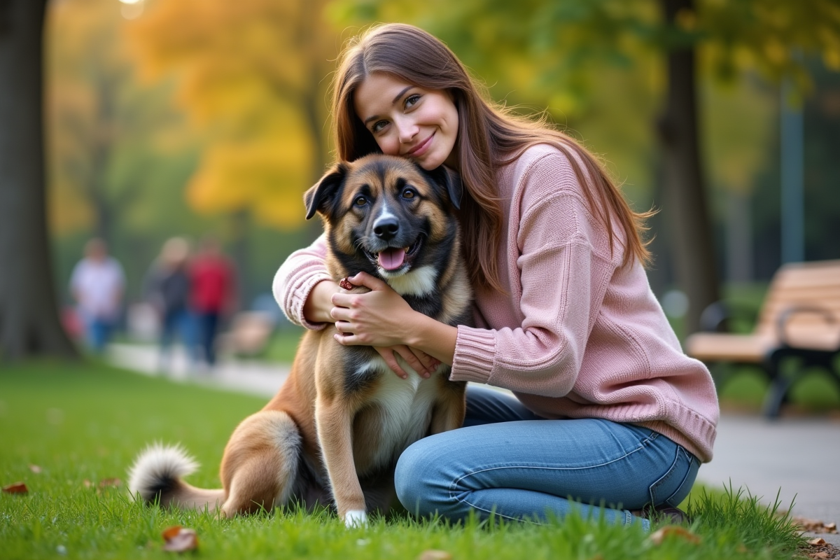 Jeune femme avec un chien dans un parc urbain en plein air
