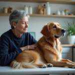 Femme et chien golden retriever lors d'une consultation vétérinaire
