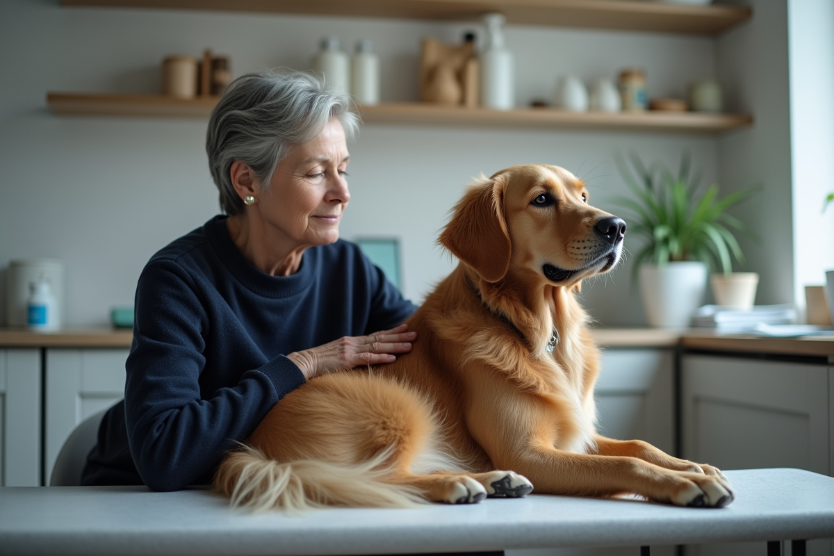 Femme et chien golden retriever lors d'une consultation vétérinaire