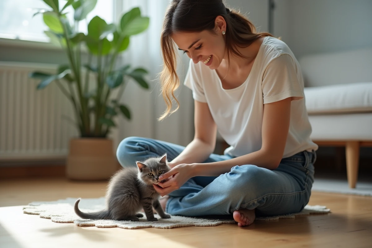 Femme caressant un petit chaton dans un appartement moderne