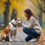 Femme encourageant un bouledogue têtu dans un parc automnal