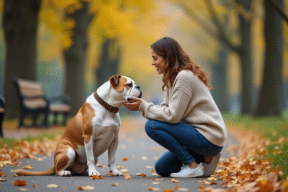 Femme encourageant un bouledogue têtu dans un parc automnal