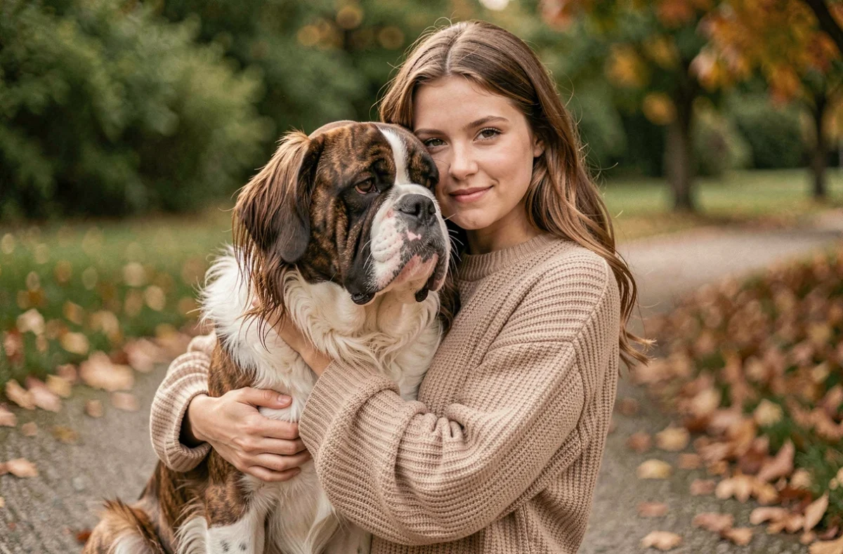 Jeune femme tenant un bouledogue exotique à poil long dans un parc en automne