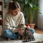 Femme caressant un chat tabby dans un salon cosy