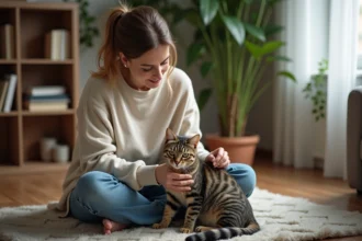 Femme caressant un chat tabby dans un salon cosy