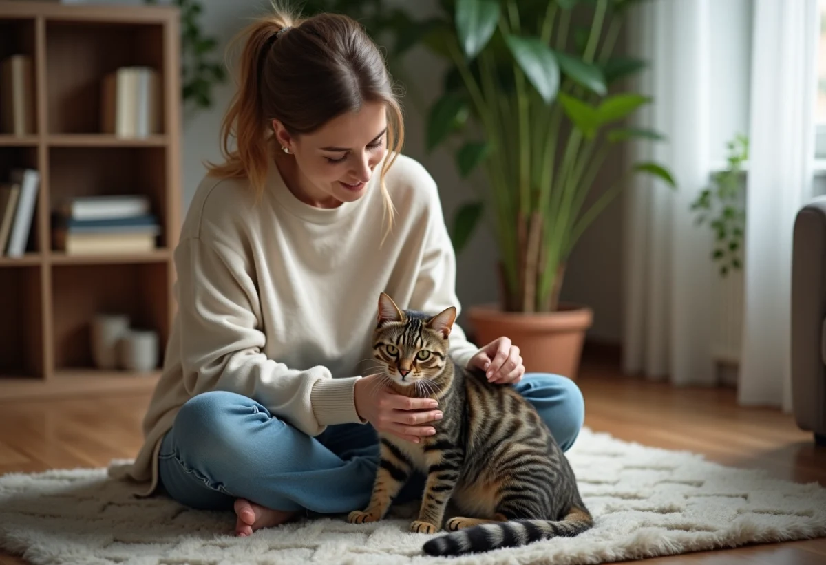 Femme caressant un chat tabby dans un salon cosy