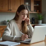 Femme assise à la cuisine consulte avis produits