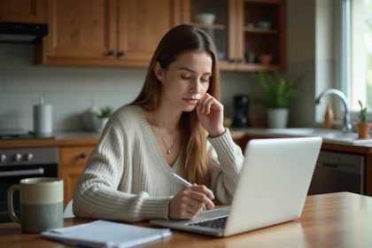 Femme assise à la cuisine consulte avis produits