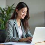 Jeune femme au bureau organisant ses formulaires administratifs