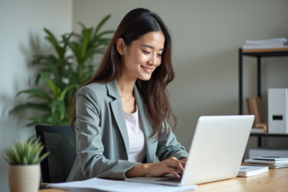 Jeune femme au bureau organisant ses formulaires administratifs