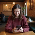 Femme souriante dans un café parisien utilisant son smartphone pour discuter sur une application de rencontres en ligne
