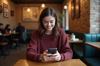 Femme souriante dans un café parisien utilisant son smartphone pour discuter sur une application de rencontres en ligne