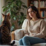 Femme assise sur un sofa avec son chat indifférent