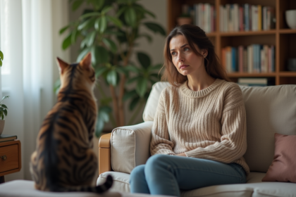 Femme assise sur un sofa avec son chat indifférent