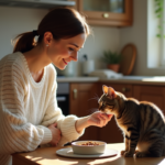 Femme âgée nourrissant un chat tigré dans une cuisine chaleureuse