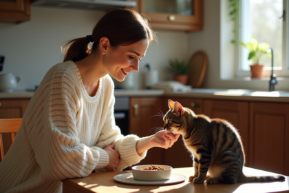 Femme âgée nourrissant un chat tigré dans une cuisine chaleureuse