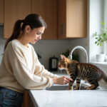 Femme avec chat dans une cuisine moderne chaleureuse
