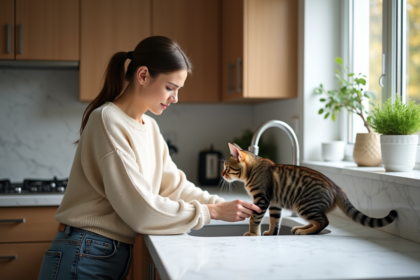 Femme avec chat dans une cuisine moderne chaleureuse