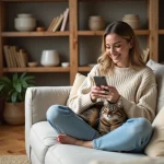 Femme souriante sur un canapé en lin avec un chat tigré, consultant une application de réseau social félin sur son smartphone dans un intérieur cosy