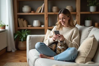 Femme souriante sur un canapé en lin avec un chat tigré, consultant une application de réseau social félin sur son smartphone dans un intérieur cosy