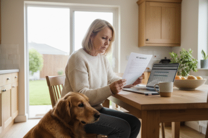 Femme avec son chien regardant des documents d'assurance