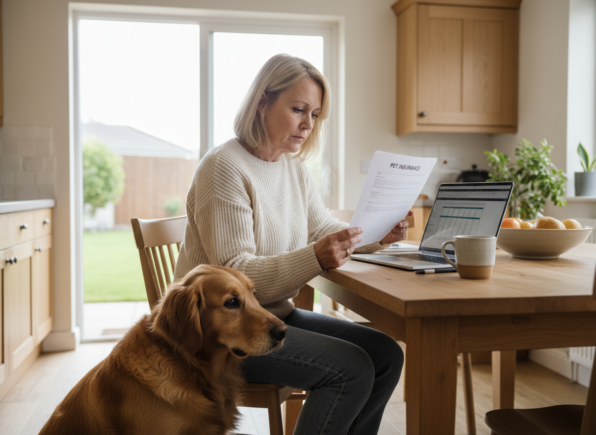 Femme avec son chien regardant des documents d'assurance