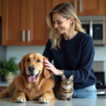 Femme moyenne âge caressant un chien et un chat dans la cuisine