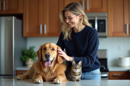 Femme moyenne âge caressant un chien et un chat dans la cuisine