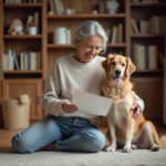 Femme souriante avec son chien en intérieur chaleureux