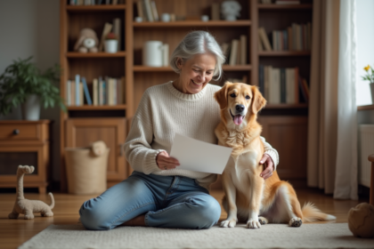 Femme souriante avec son chien en intérieur chaleureux