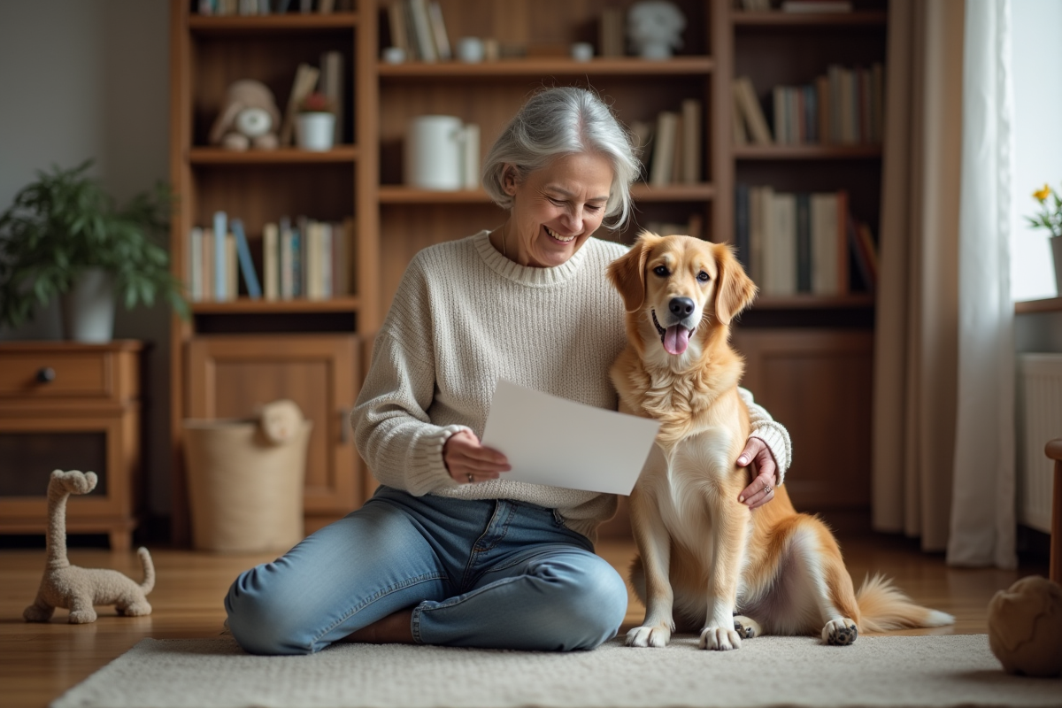 Femme souriante avec son chien en intérieur chaleureux