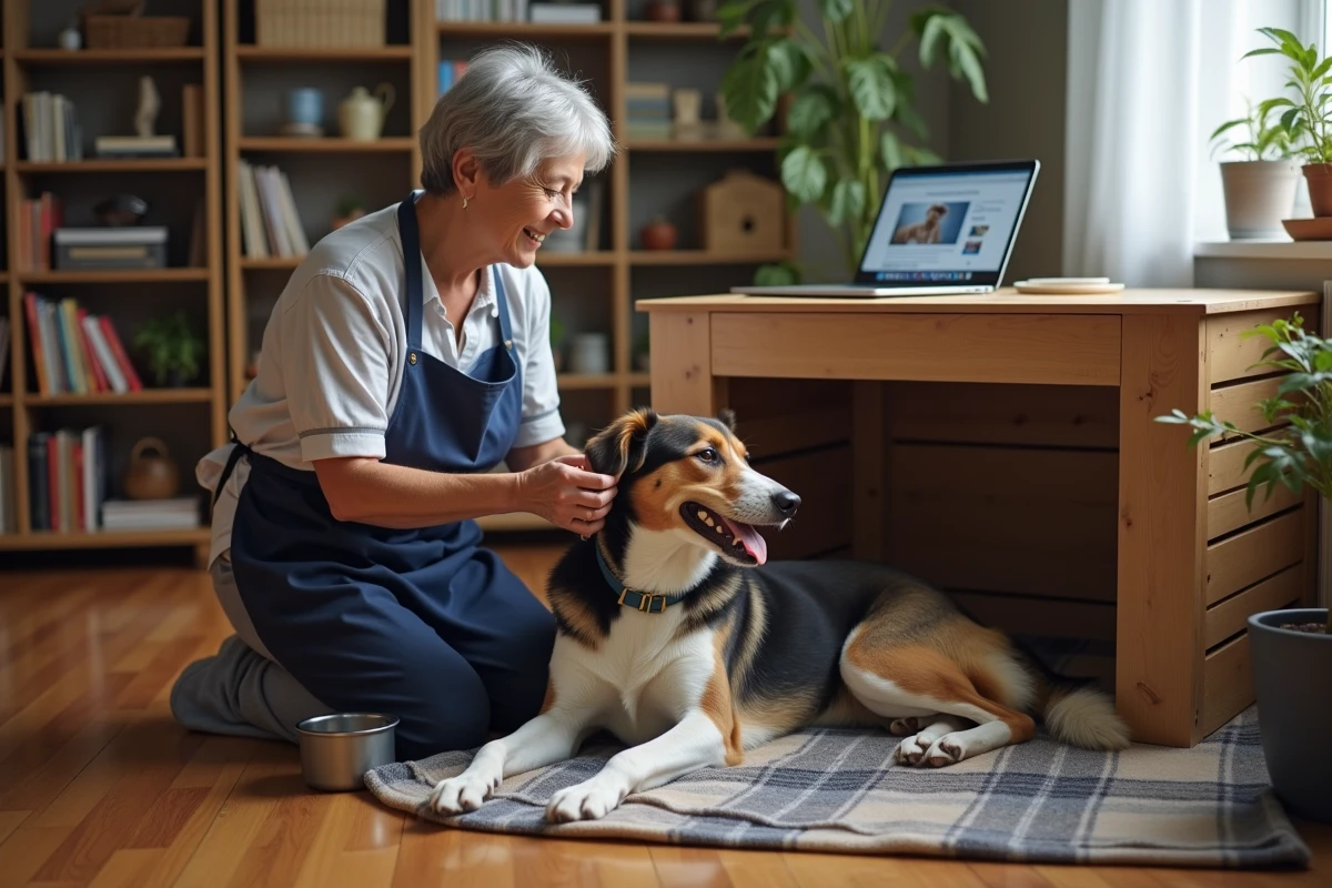 Femme bienveillante s'occupant de son chien rescapé à la maison tout en consultant un site d'actualités animalières