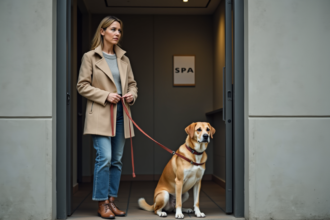 Femme avec chien dans un refuge animalier