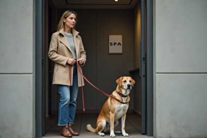 Femme avec chien dans un refuge animalier