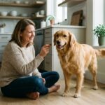 Femme souriante avec son chien dans une cuisine chaleureuse