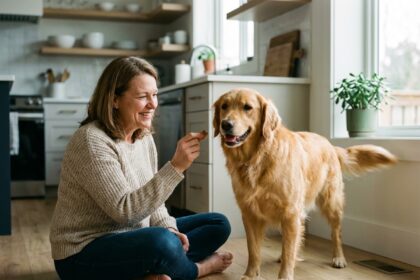 Femme souriante avec son chien dans une cuisine chaleureuse