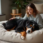 Femme souriante caressant un chien bernese dans un salon moderne