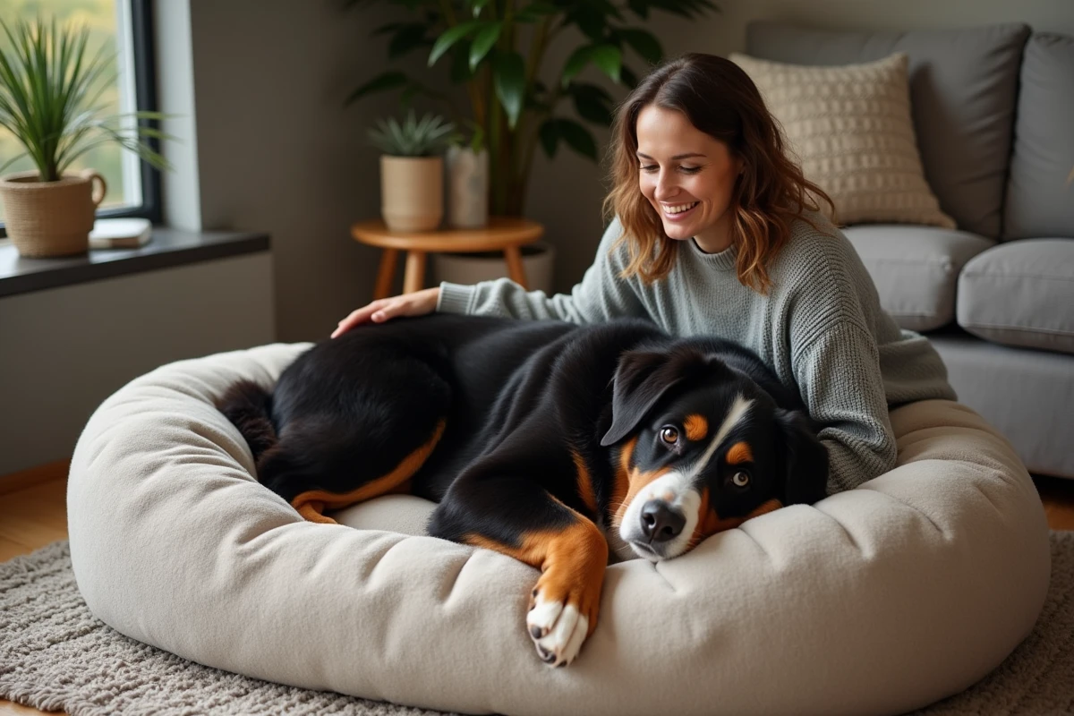Femme souriante caressant un chien bernese dans un salon moderne