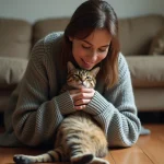 Femme tenant tendrement son chat tabby contre elle avant de le confier à une association, expression émotionnelle sur fond de salon neutre