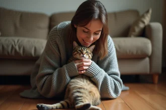 Femme tenant tendrement son chat tabby contre elle avant de le confier à une association, expression émotionnelle sur fond de salon neutre