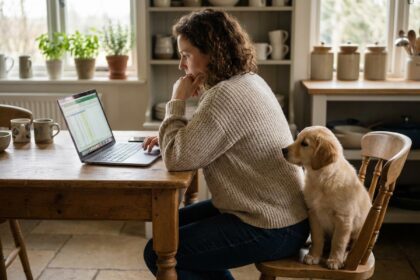 Jeune femme avec chien retriever dans une cuisine chaleureuse