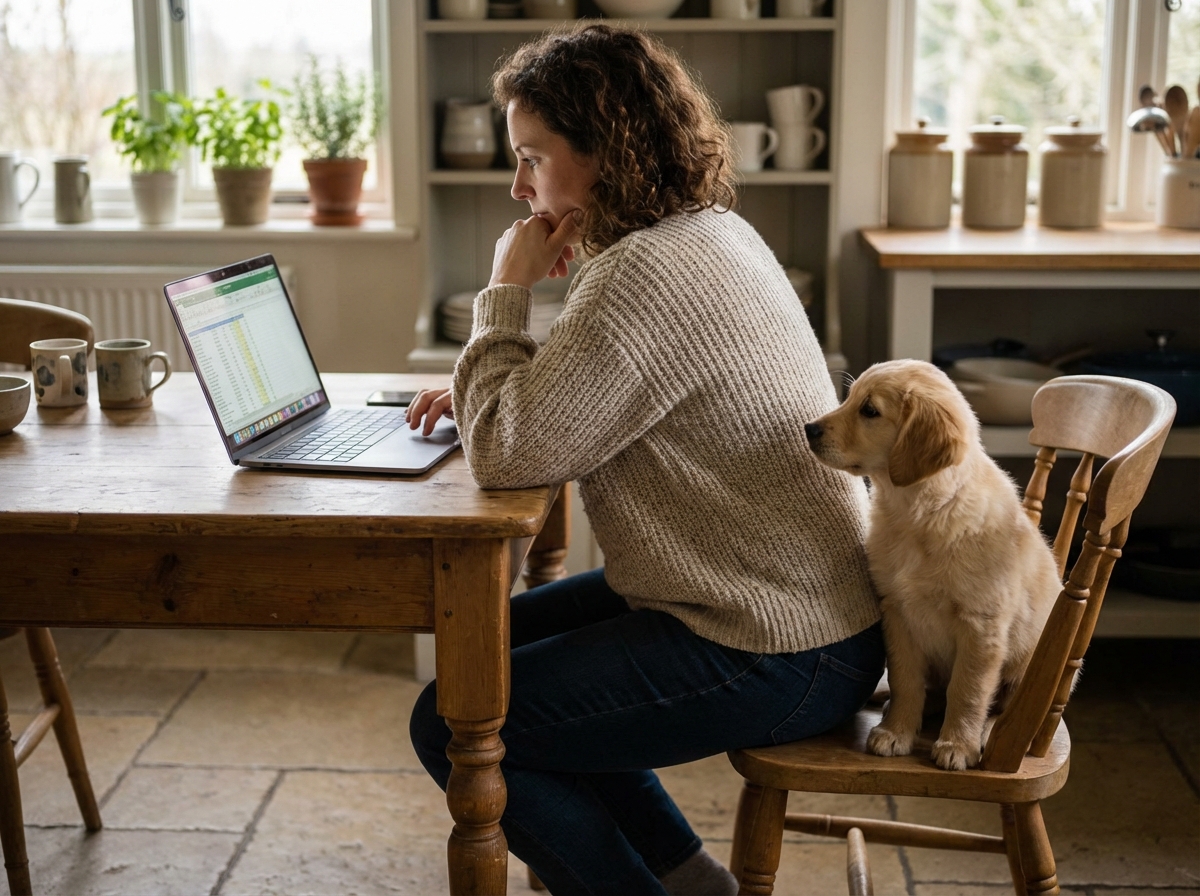 Jeune femme avec chien retriever dans une cuisine chaleureuse