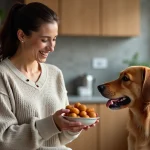 Femme souriante offrant des croquettes à son chien dans la cuisine