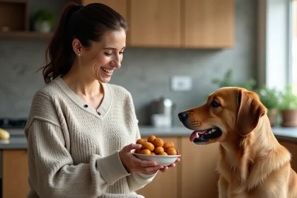 Femme souriante offrant des croquettes à son chien dans la cuisine