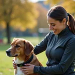 Jeune femme ajustant un collier GPS à un chien dans un parc