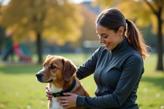 Jeune femme ajustant un collier GPS à un chien dans un parc