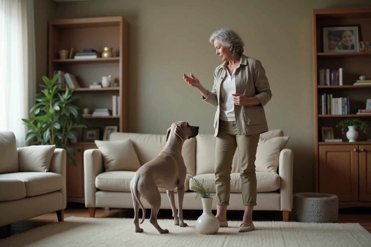 Femme nerveuse face à un chien weimaraner dans le salon